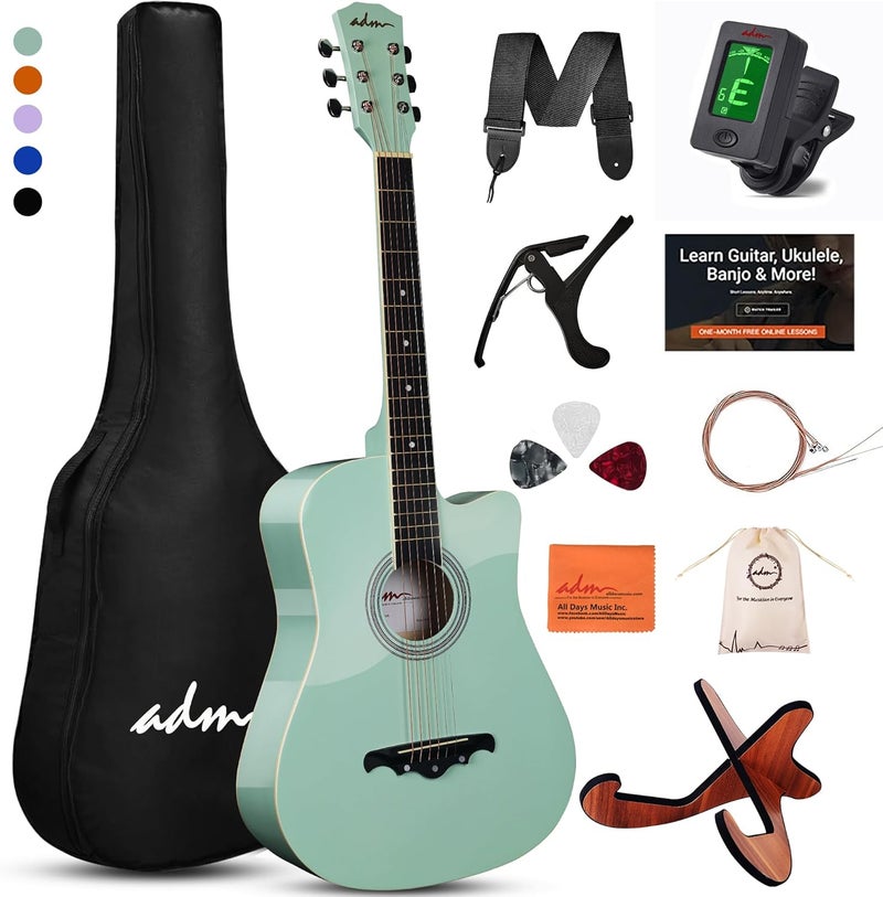 ADM 38" Inch Acoustic Guitar Bundle for Beginners Adults with Online Lesson, Cutaway Wood Acustica Guitarra Starter Set Package with Gig Bag, Strap, Steel Strings, Picks, Capos, Stand, Green - Image 1